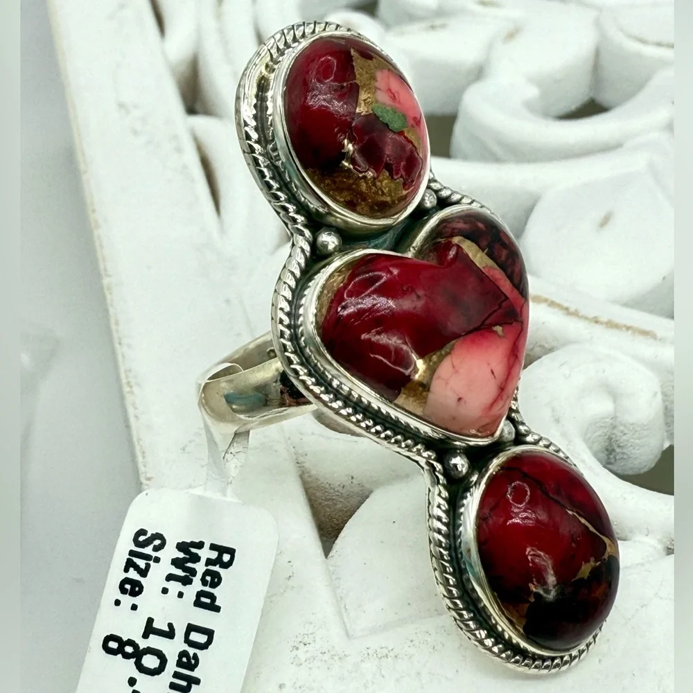 Sterling Silver Red Dahlia Turquoise Triple Stone Statement Ring – Size 8 (10.4g